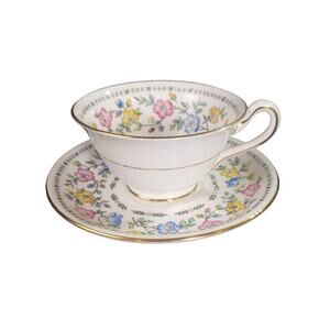 Vintage Copeland Grosvenor China Pink Yellow Blue Floral Teacup & Saucer England